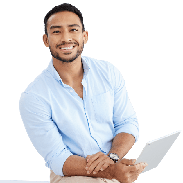 seasoned IT, cybersecurity engineer at a bank, holding a laptop and binder